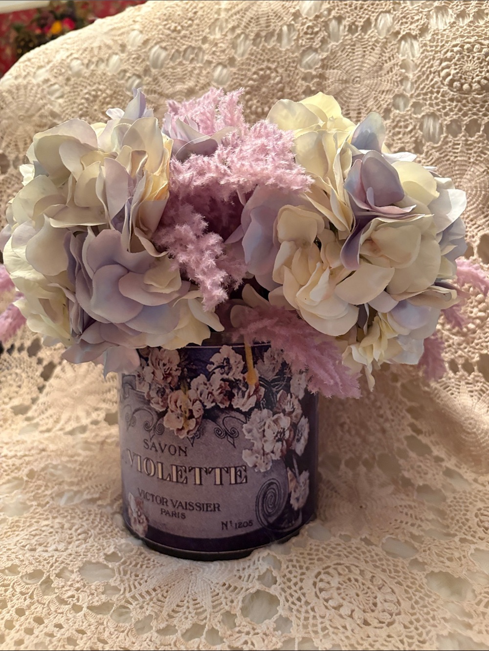 Lavender and Cream Faux Hydrangea Floral Arrangement with Pink Accents